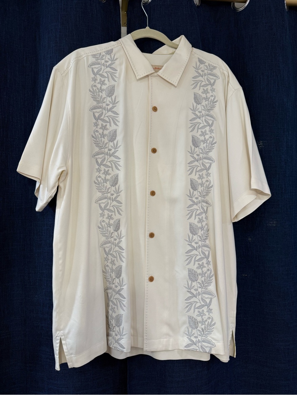 Tommy Bahama Cream Short-Sleeve Button-Down with Tonal Leaf Embroidery